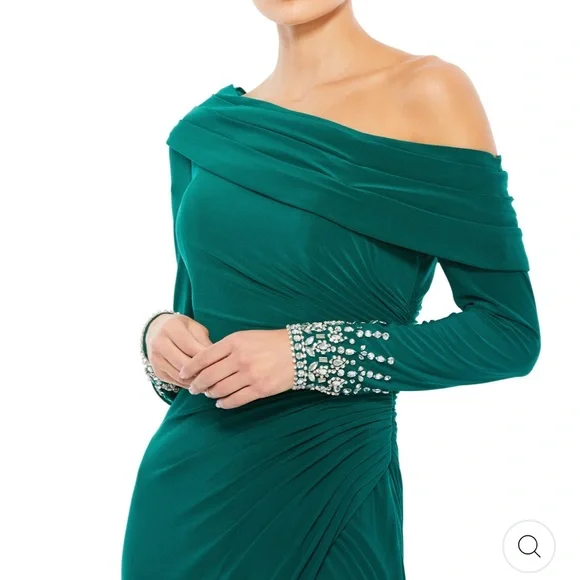 MAC DUGGAL BEADED CUFF DROP SHOULDER FAUX WRAP GOWN SIZE 0 EMERALD GREEN #12231 - Picture 3 of 14